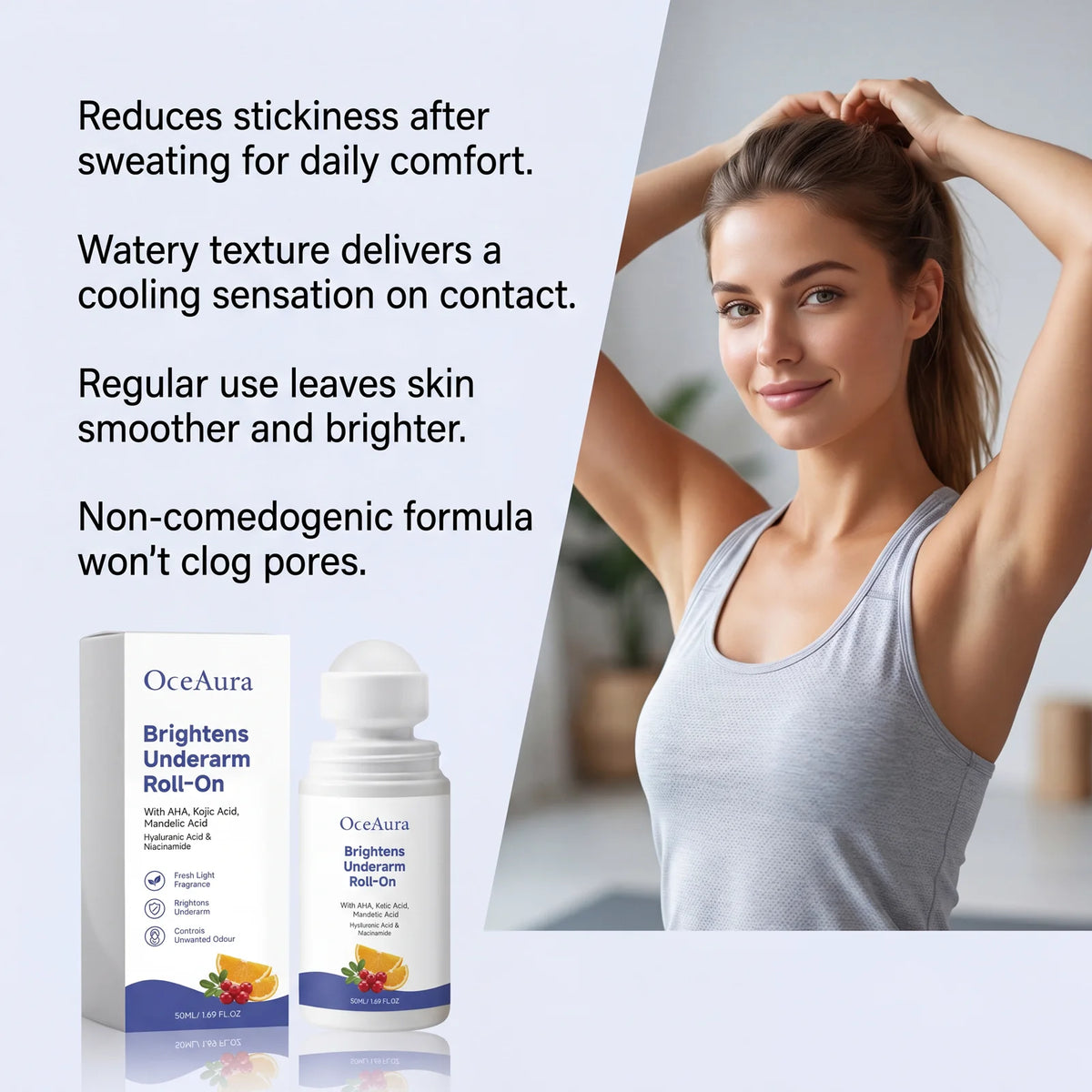 OceAura Kojic Acid Underarm Brightening Deodorant Roller Refresh Body Odor Improve Dark Armpits Underarm Care Roll‑on Deodorant