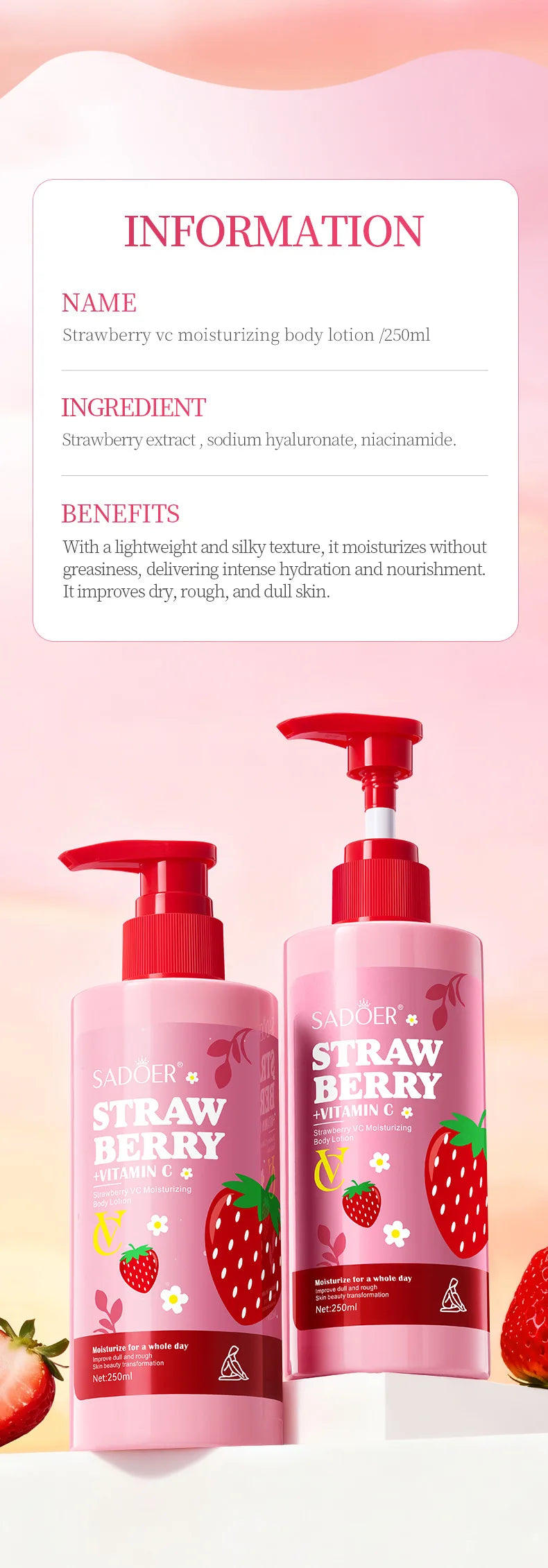 Strawberry VC Moisturizing Body Lotion Whitening Body Cream Lightening Skin Care Hand Cream Body Butter