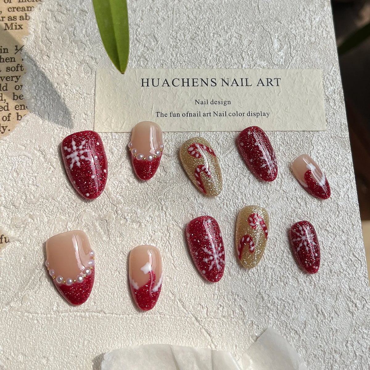 Hand Painted Christmas Fake Nails Short Almond Red Glitter Snowflake Candy Cane Pearl French Press On Nails Reusable  10 Pieces
