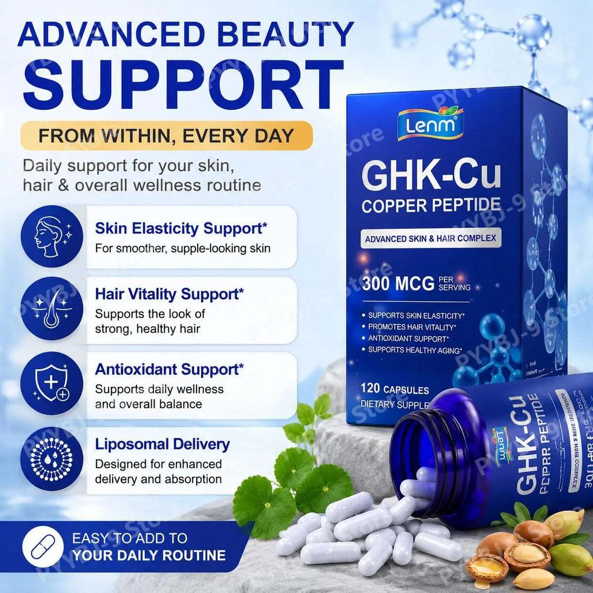 Lenm Liposomal GHK-Cu Copper Peptide - 120 Vegan Capsules with Biotin Phytoceramides for Skin Elasticity & Hair Growth Support