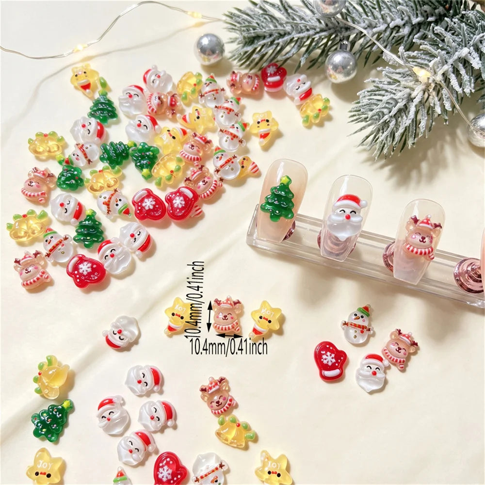 50Pcs 3D Cartoon Christmas Resin Nail Charms Santa Snowman Xmas-Tree Reindeer Mitten Bell Ornaments DIY Nail Ornament Supplies