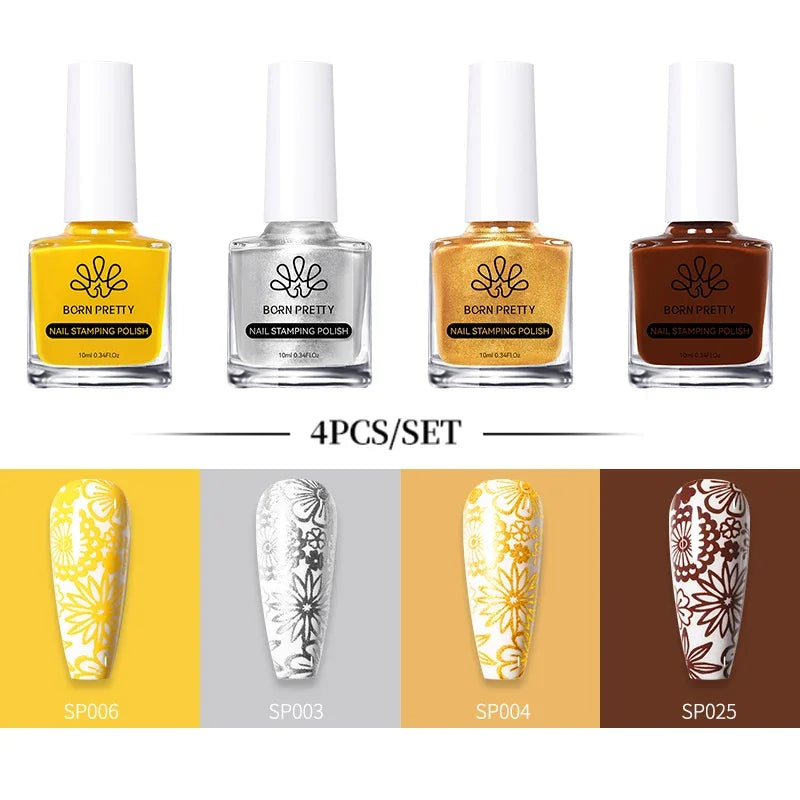 BORN PRETTY 10ml Stamping Nail Polish Set Gold Silver Black White Color Nail Printing Polish DIY for Nail Plate Design Varnish