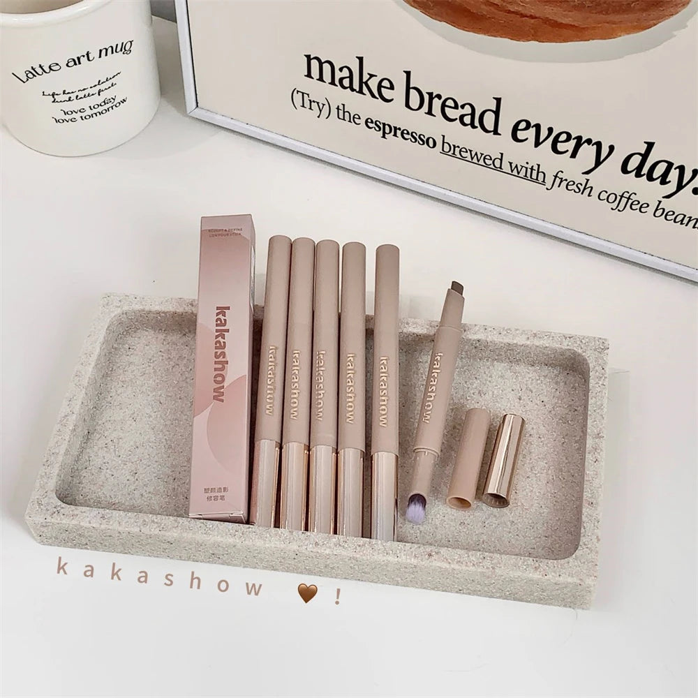 3D Contouring Pen Matte Bronzer Stick Grey Brown Nose Shadow Contour Pen With Brush Double Head Facial Contour Stick Makeup