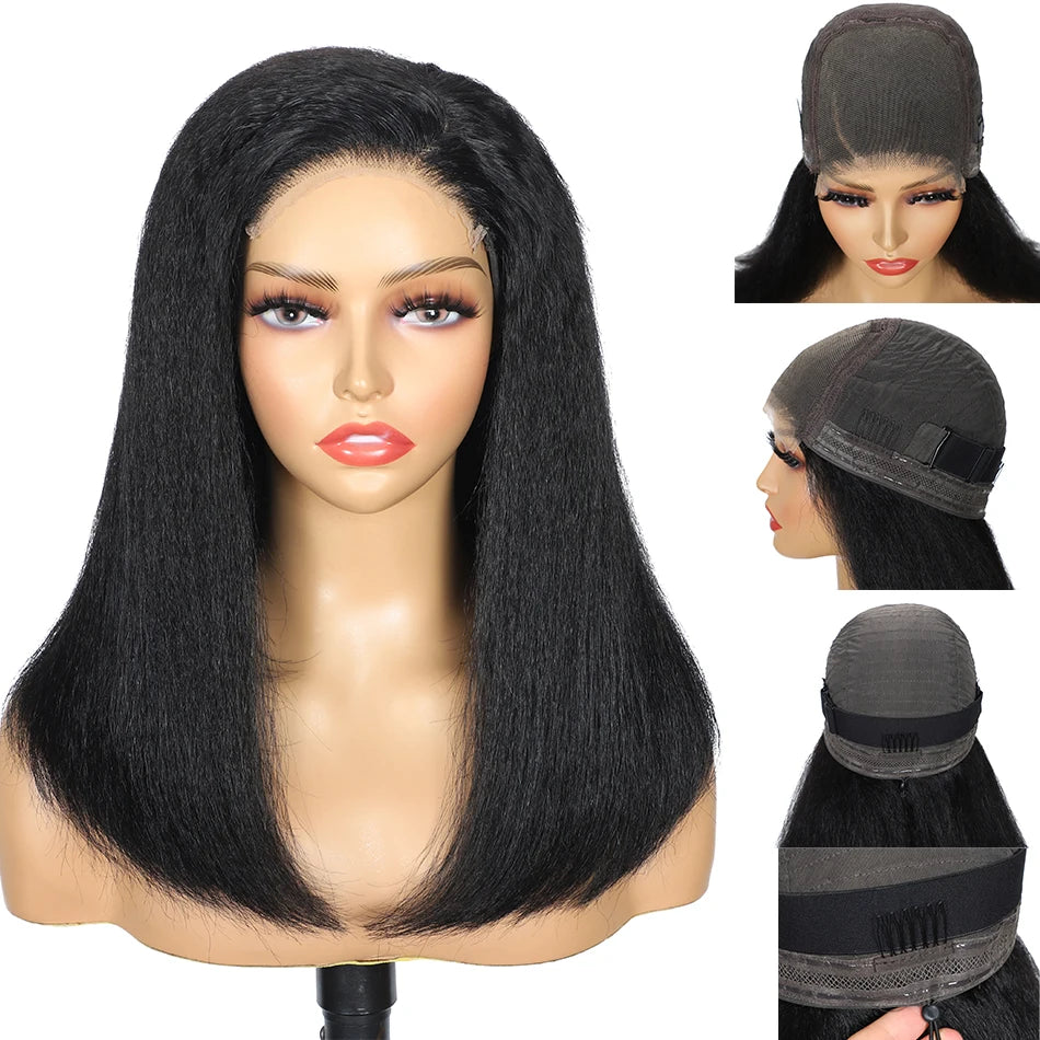100% Human Hair Bob Yaki Straight Glueless HD Lace Closure Wigs 4C Precut Kinky Straight 5x5 Lace Wig With Drawstring PrePlucked