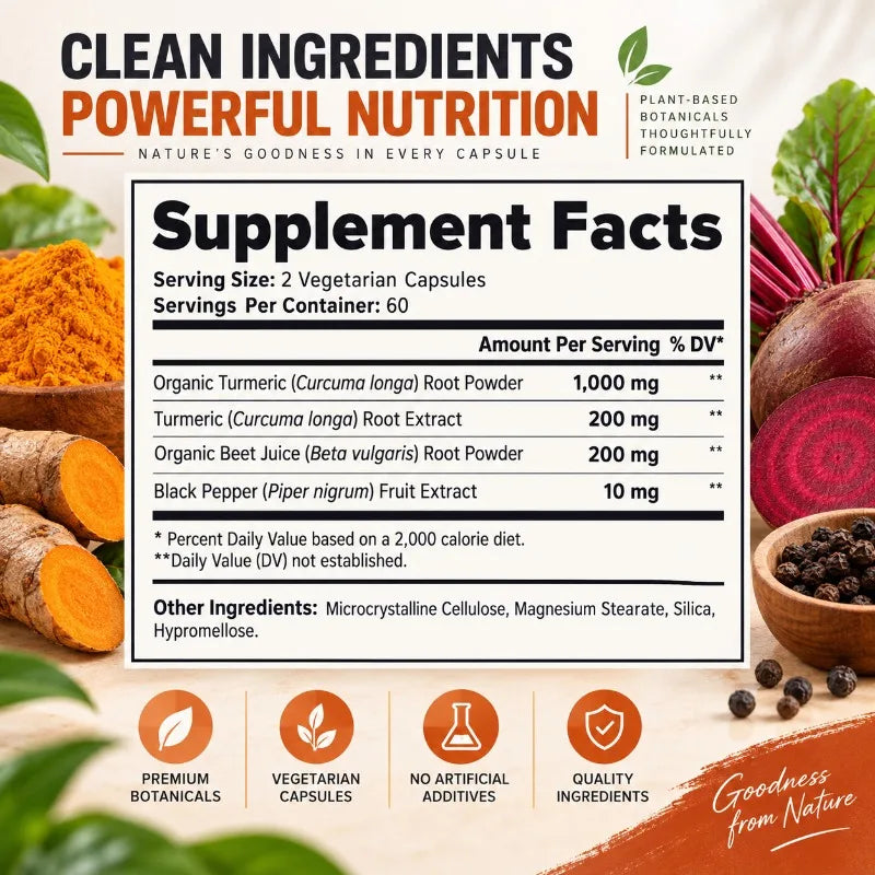 Turmeric + Beet Root Complex - Antioxidant, Blood Circulation,Natural Energy and Overall Vitality, Supports Gut and Brain Health