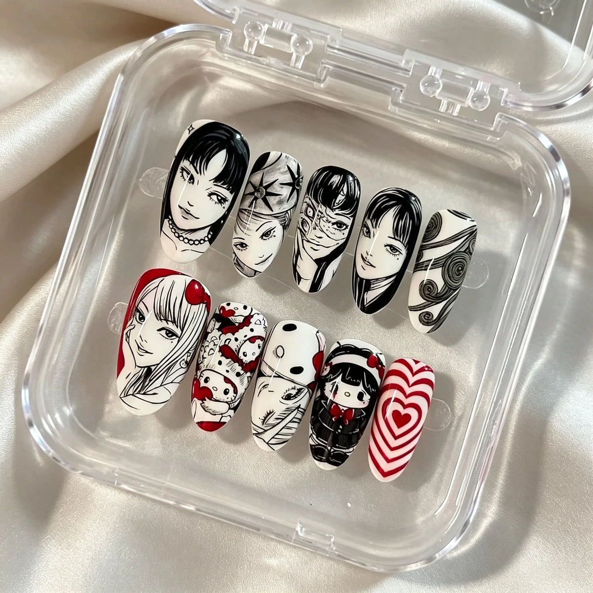 30pcs Gothic Horror Press On Nails Medium Oval Fake Nail Black‑White Portrait Red Heart Spider Halloween False Nail for Women