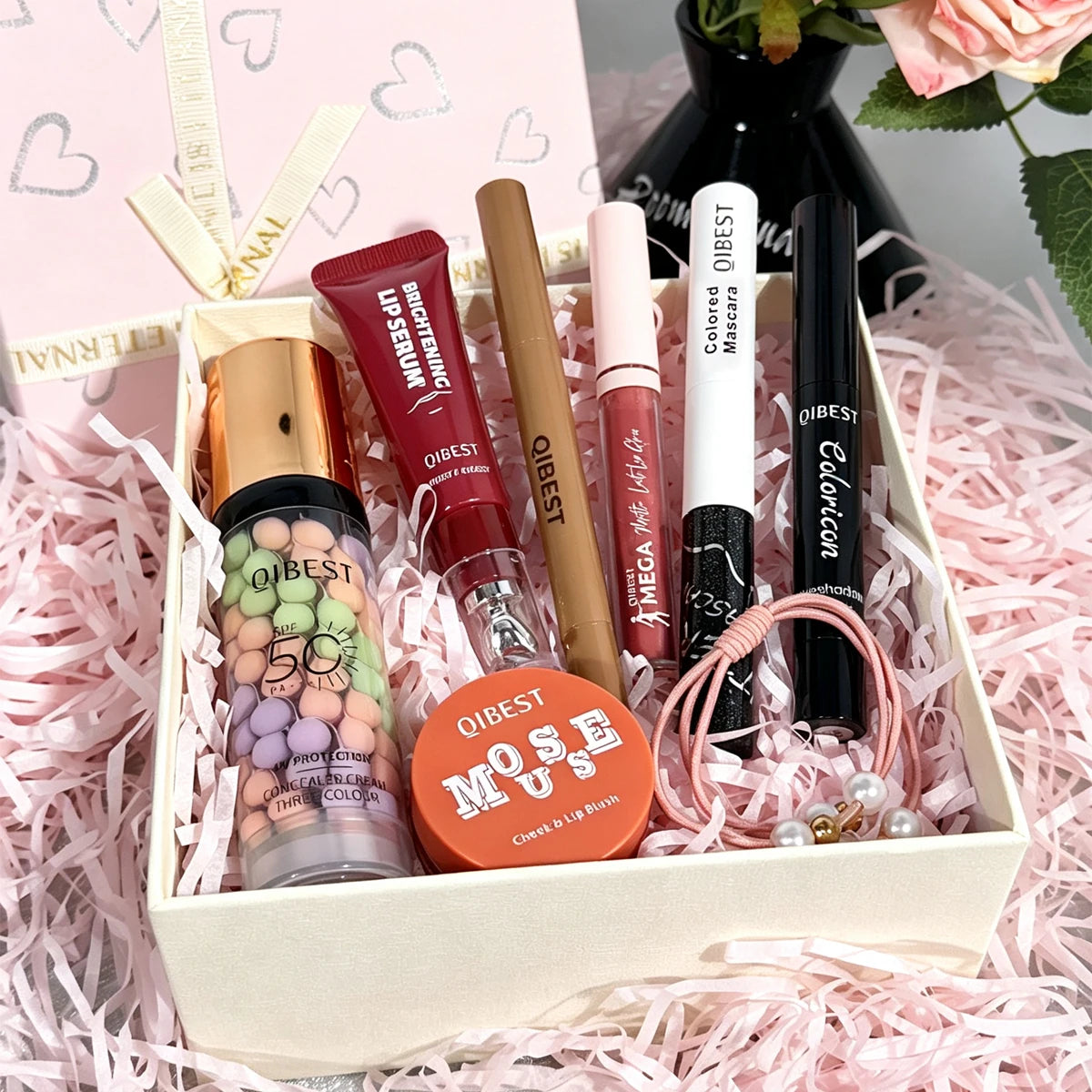 7-piece makeup set, lip gloss, lip liner, blush, eyeshadow, primer, mascara, makeup set, Christmas gift