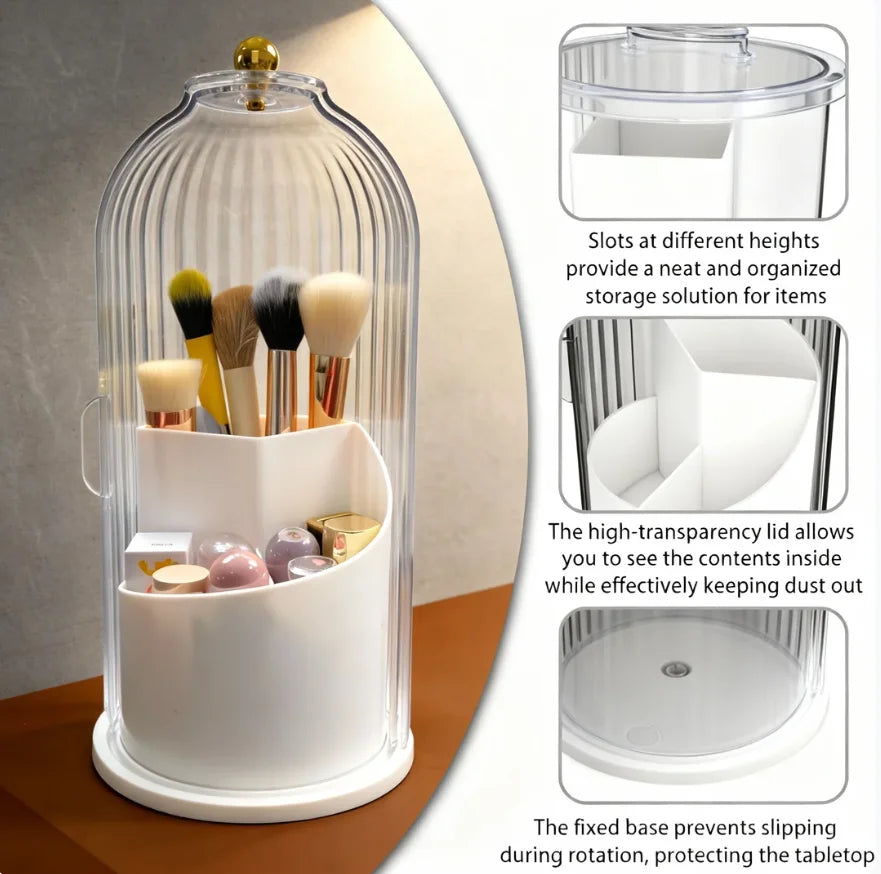 Makeup Brush Holder Organizer With Lid,360 Rotating Dustproof ABS Storage Caddy,3 Slots Sliding Lid Toothbrush Holder With Non-Slip Base,Multi-Use Space-Saving Organizer For Makeup Brushes Toothpaste,Perfect For Vanity Bathro