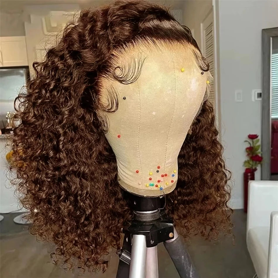 Short Bob Wig 13x4 Lace Front Wig Chocolate Dark Brown 100% Human Hair Deep Curly Wave Bob Wig HD Lace Wig 200 Density For Women