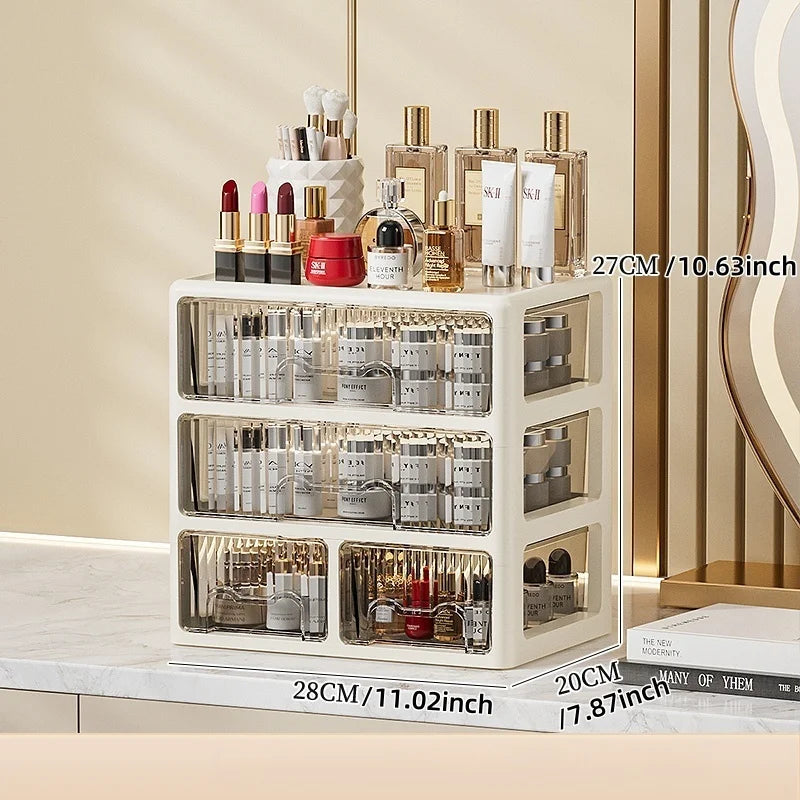 Cream Color Cosmetics Box,Multi-compartment Lipstick/Mask Organizer,Drawer Dresser for Skincare/Makeup Brushes,1–4 tiers