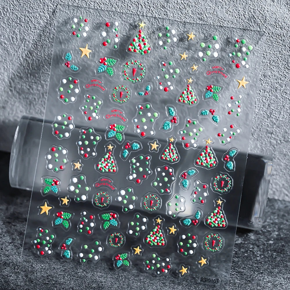 1sheet 5D Holly Berries Christmas Nail Declas Cute Polka Dots Christmas Trees Nail Stickers Gingerbread Man Snowflake Manicure