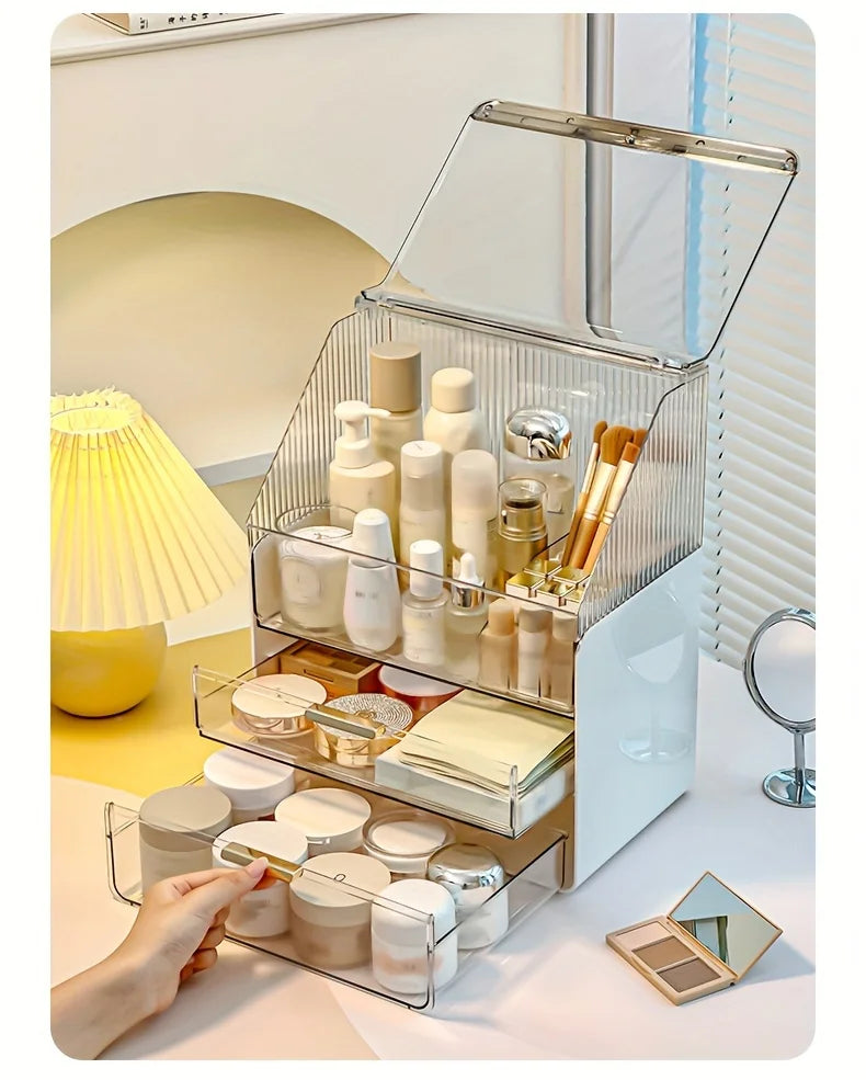 Makeup Organizer Countertop with Lid 3 Tiers Clear Skincare Cosmetic Display Storage Case for Vanity Bedroom Bathroom Dresser