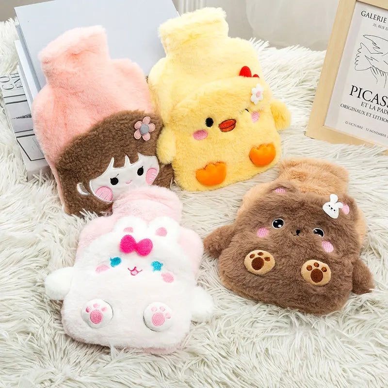 Cute Cartoon Plush Hot Water Bottle, Removable Plush Cover Thick Explosion‑proof PVC Hot Water Bag Hand Warmer for Winter