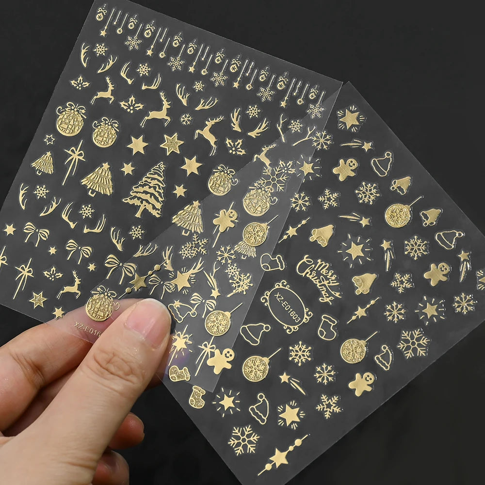 2pcs Gold Christmas Tree Snowflake Nail Art Sticker 3D Luxury Bronzing Glitter Snowman Star Bow Nail Decals Winter Xmas Nail Dec