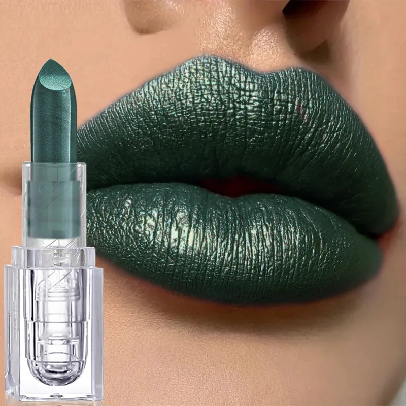 Halloween Shimmer Metallic Lipstick, Dark Green Glitter Lip Stick Long Lasting Gothic Party Lip Makeup