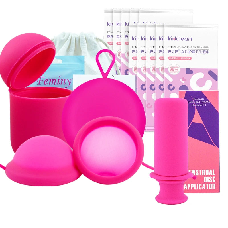 Feminy Menstrual Disc Kit Medical Grade Reusable Soft Silicone Period Disc with Sterilizer Case Applicator Leakproof Monthly Cup