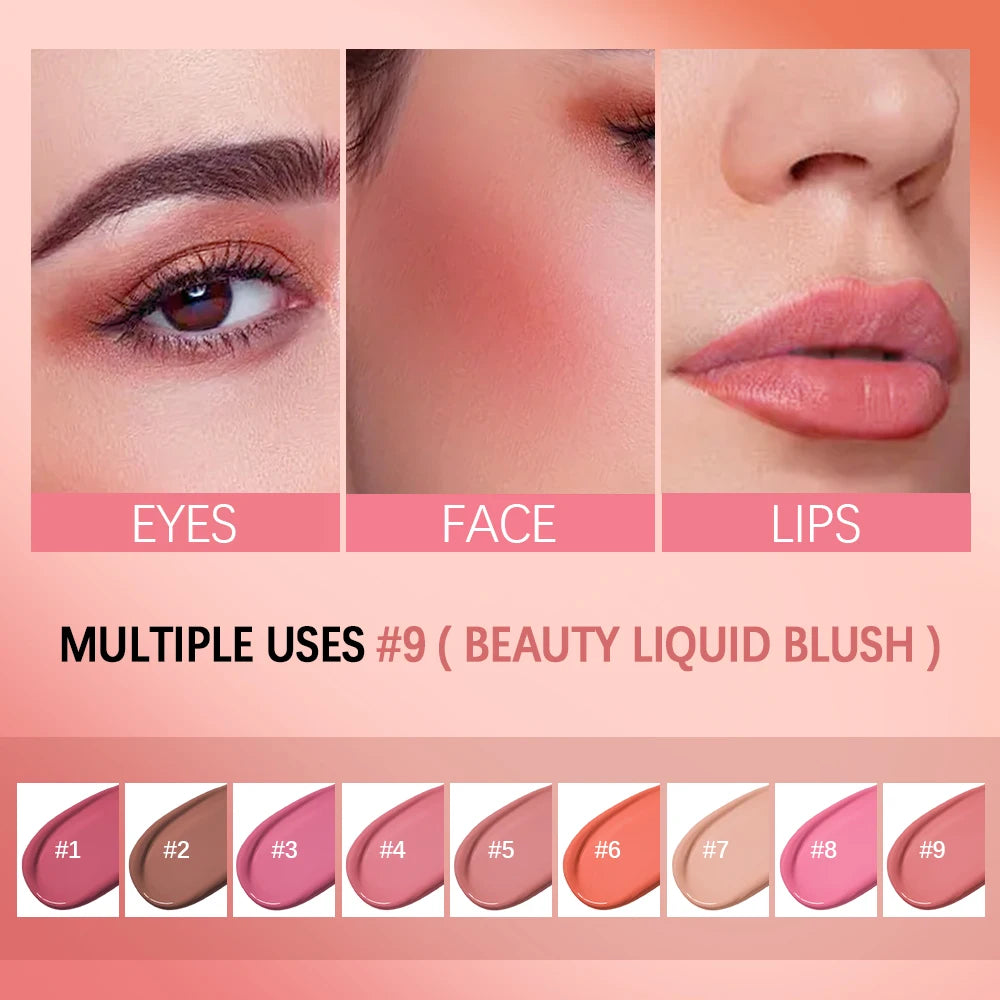 9 Shades Beauty Liquid Blush Lightweight Blendable Dewy Finish Liquid Cheek Tint Long‑Wearing Natural Flush Multi‑Use Face Blush Makeup