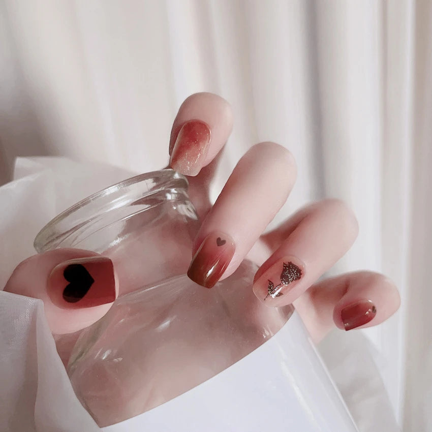 24 Pcs/Set Valentine's Day Long Almond Fake Nails Shape Novelty Pearl Bow Love Press on Nails Art Full Cover Stick-on Nails Tips