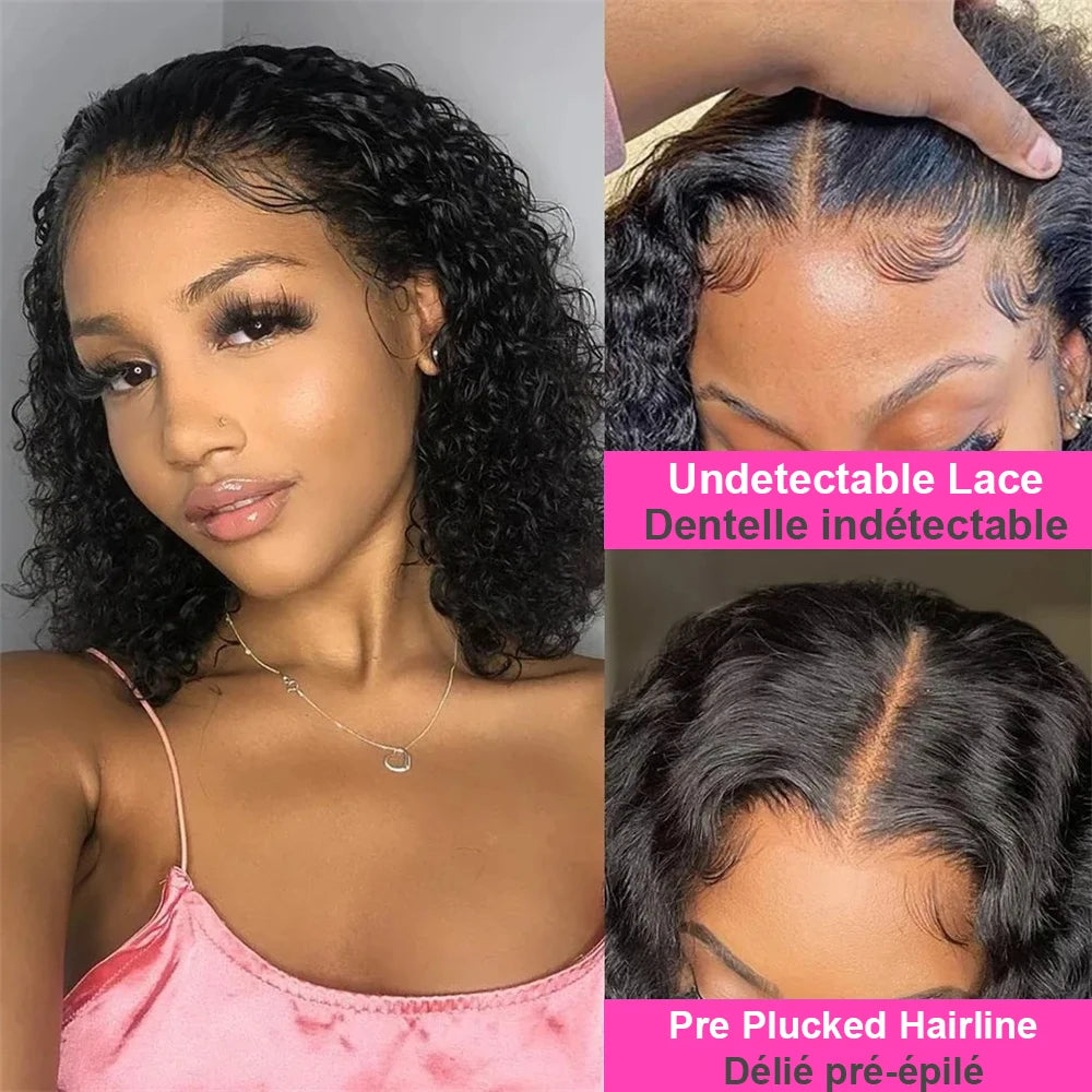 200% Density Short Kinky Curly Bob 100% Human Hair 13x4 Lace Closure Wigs Deep Water Wave Brazilian Bob 4x4 Lace Frontal Wig