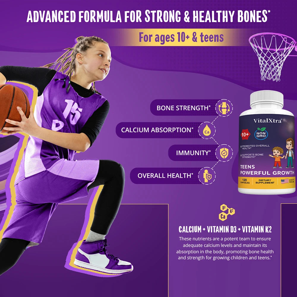 TEENS POWERFUL GROWTH Supplements Capsules, Containing Vitamin D3 + K2, Calcium, To Strengthen Bones and Enhance Immunity