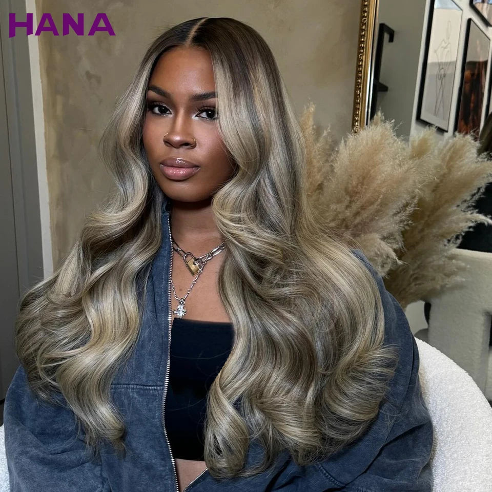 Highlight Ash Brown Blonde Colored 13X6 Lace Frontal Wig Bleached Knots 7X5 Lace Closure Wig Human Hair Drawstring Wig For Women
