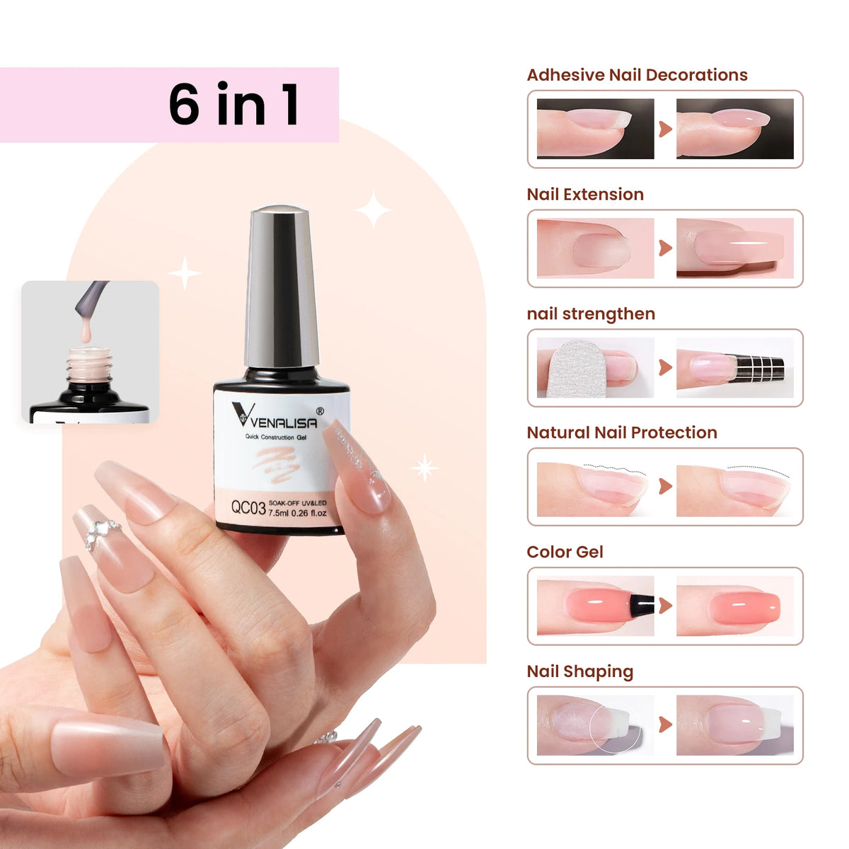 VENALISA Quick Construction Gel Jelly Color Semi Transparent Nail Gel Polish Fast Construction Soak Off UV LED Nude Pink Gel 7.5