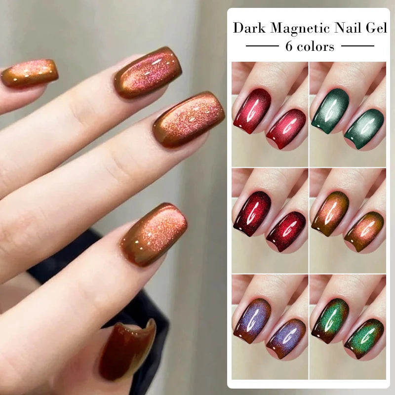 MEET ACROSS 7ml Autumn Dark Color Cat Magnetic Gel Nail Polish Glass Beads Cat Eye Gel With Glitter Nail Art Christmas Nails