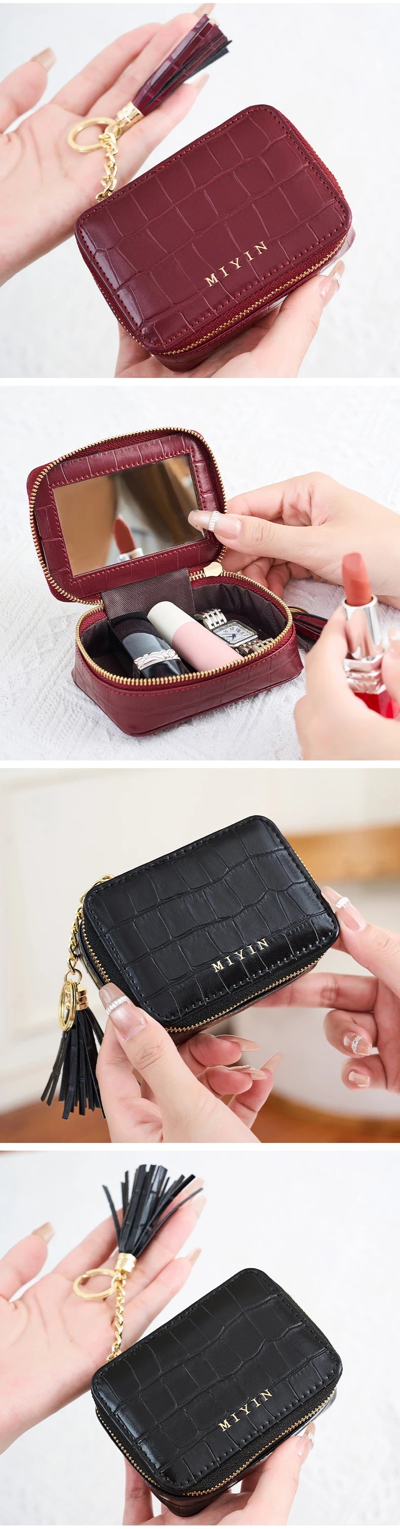 Mini Lipstick Makeup Bag Multifunctional Portable Travel Organizer Crocodile-Patterned PU Leather Womens Toiletry Bag Coin Purse