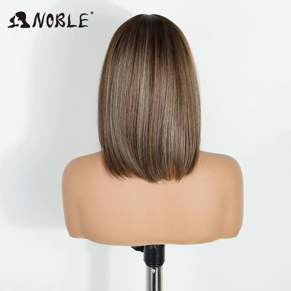 Noble Synthetic Lace Front Wigs For Women 12 Inch Pre Plucked Pre-Cut Ombre Brown Blonde Straight Layered Bob Wig Cosplay Wig