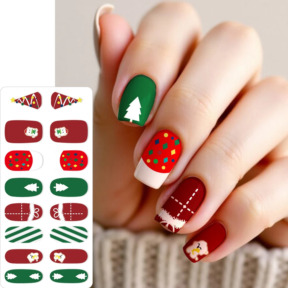 16Tips Christmas Nail Polish Stickers Baking Free Snowflake Santa Claus Elk Design Self-adhesive Nail Art Wrap Xmas Nail Decals*