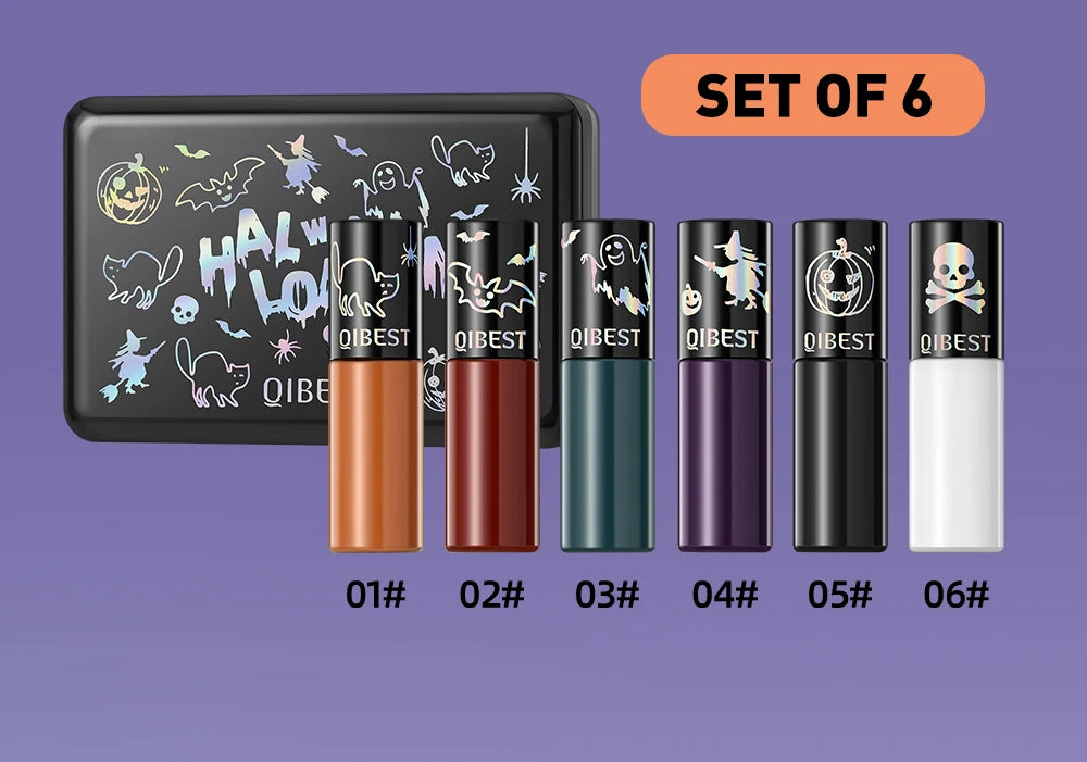 QIBEST Halloween Liquid Lipstick Makeup Sets Waterproof Matte Lipstick Red Black Orange Purple Lip Stain Tint Lasting Cosmetics