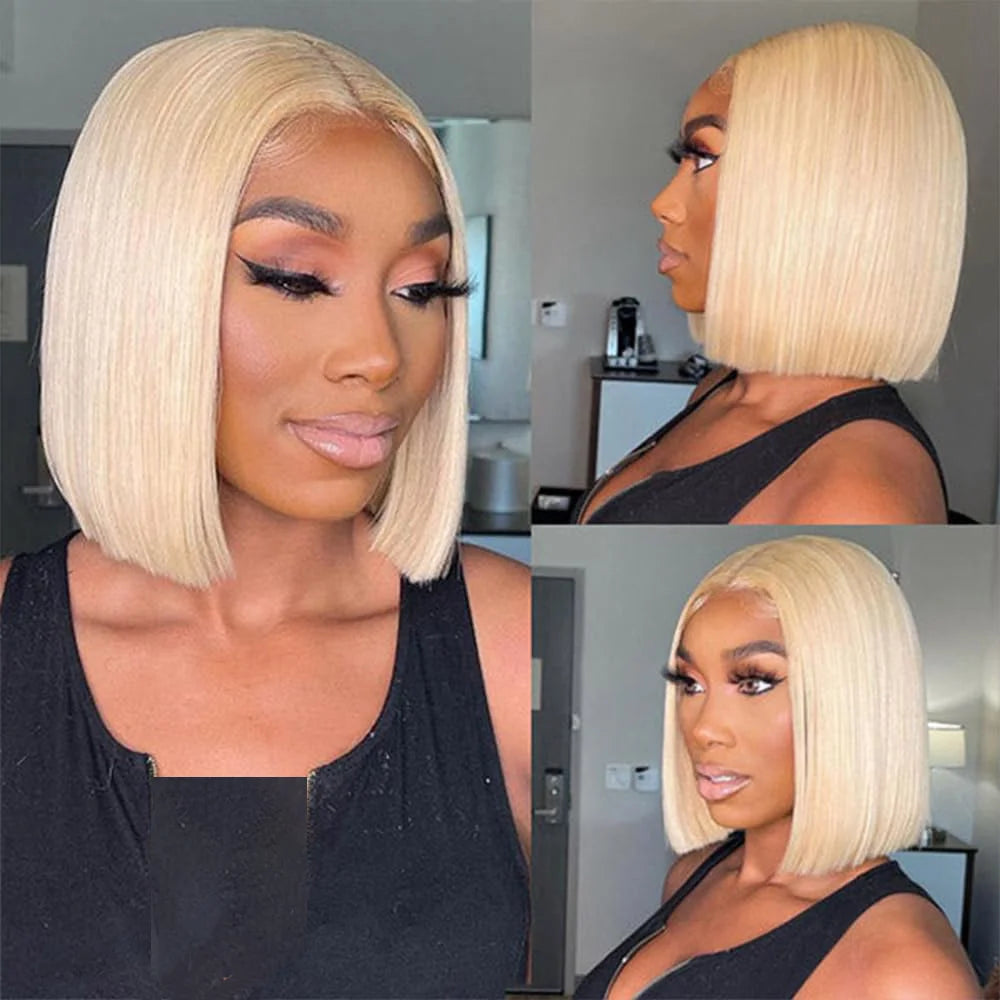 Human Hair Wigs 613 Blonde Colored Straight Short Bob 220% Density 13x6 Full Frontal HD Transparent Lace Pre-plucked 8-14 Inch