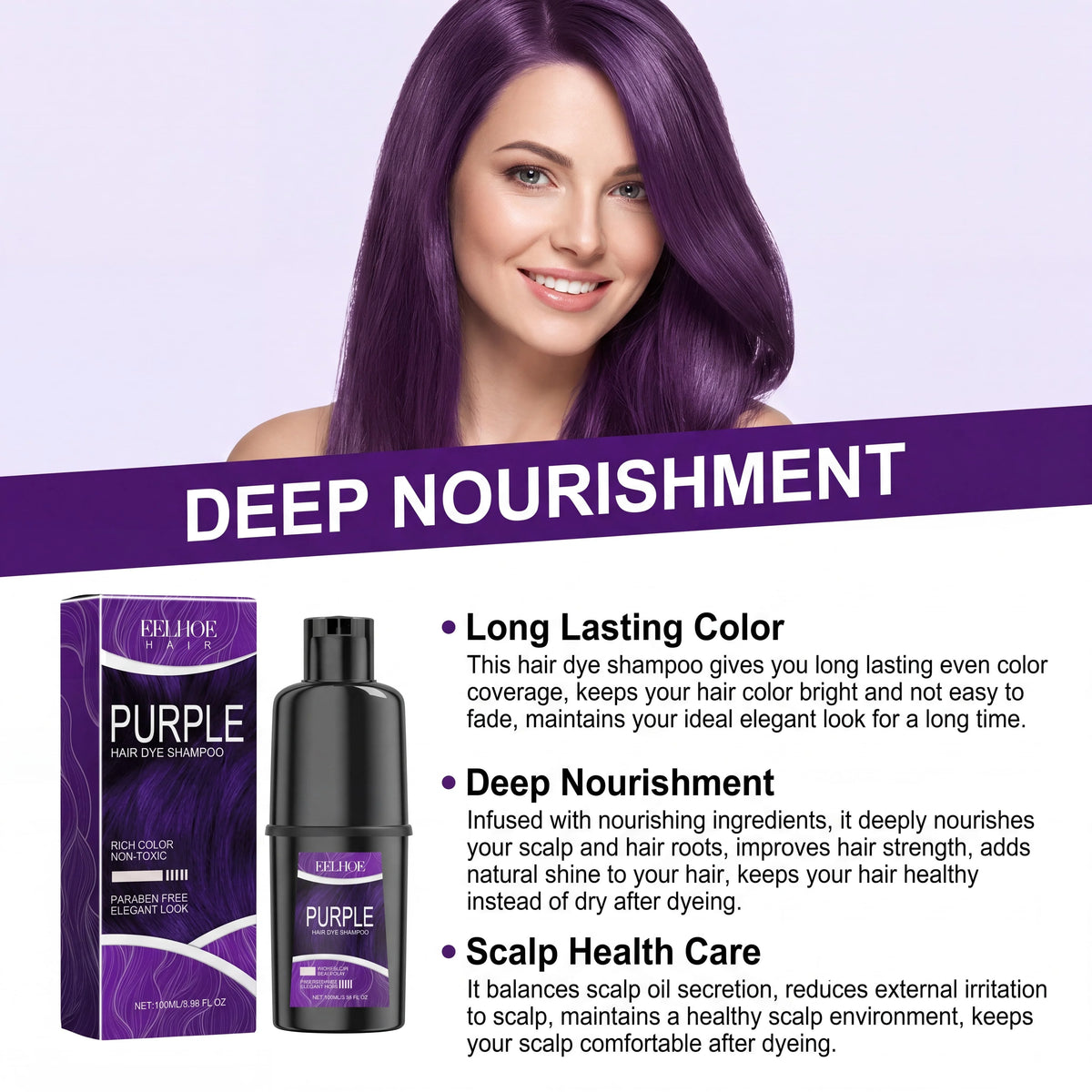 Purple Natural Herbal Hair Color Shampoo For Gray Hair Coverage Long Lasting Color Enhancing Care Nourishing Coloring Shampoo
