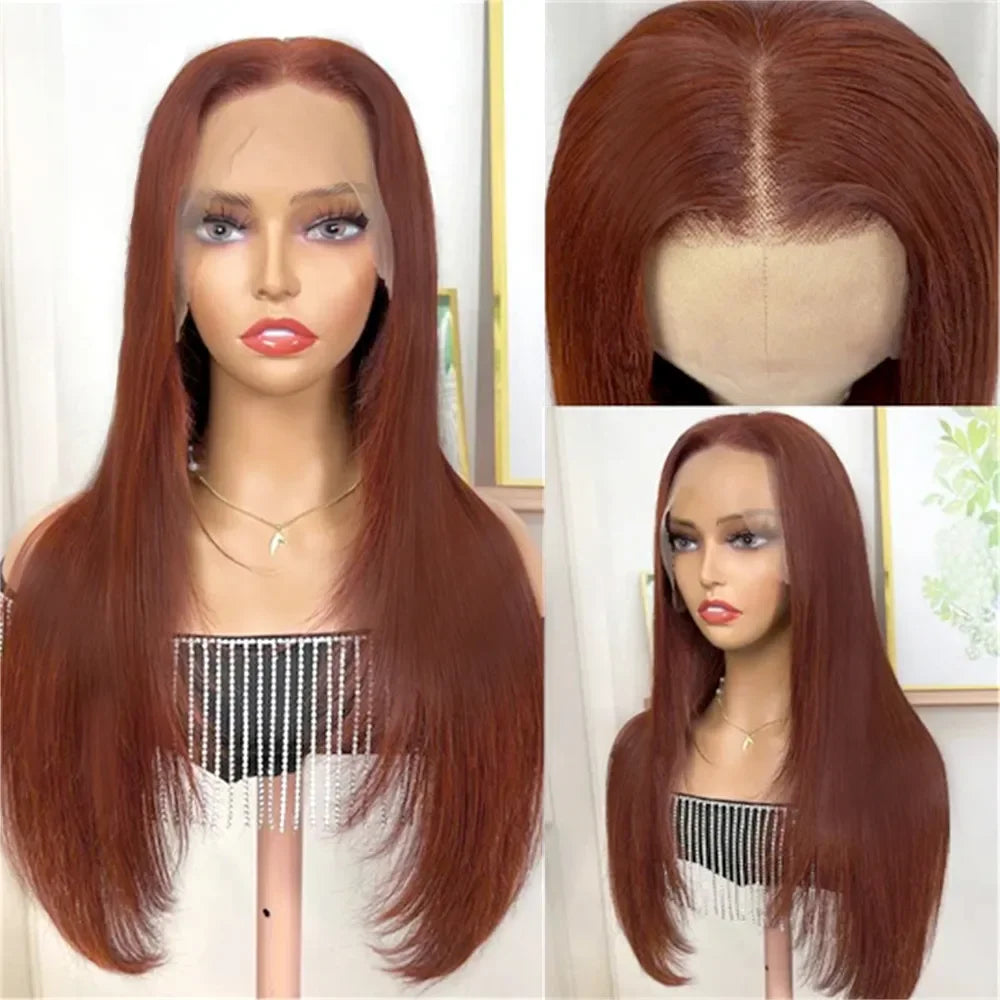 HD Straight Lace Front Wig Layered Wigs Reddish Brown Layered Cut Lace Wigs Copper Red Synthetic Butterfly Haircut Glueless Wigs
