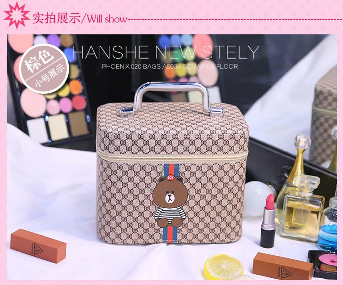 Large capacity new makeup bag Travel portable makeup case Portable high-end PU leather cosmetics storage bag cute bear pattern