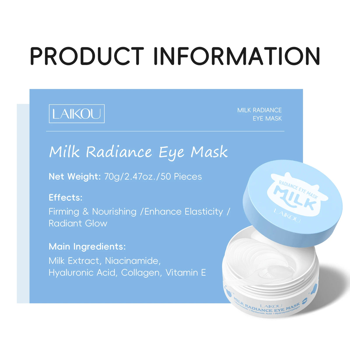 LAIKOU Milk Radiance Eye Mask 50 Pieces 70g Firming Nourishing Hydrating Collagen Under Eye Patches