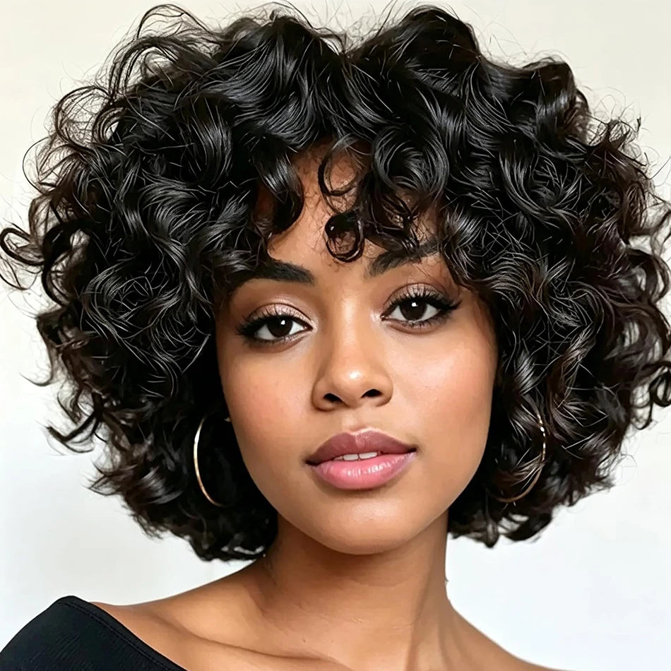 100% Brazilian Virgin Human Hair Short Curly Wigs for Black Women Non Lace Glueless Natural Black Deep Curly Wigs With Bangs