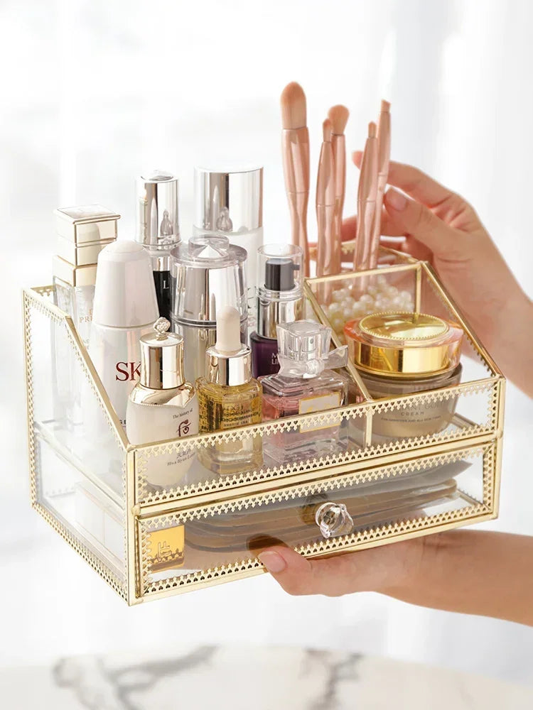 Golden Glass Cosmetic Storage Box Makeup Organizer Perfume Bathroom Make Up Tools Box for Cotton Pads Jewelry Display Rack