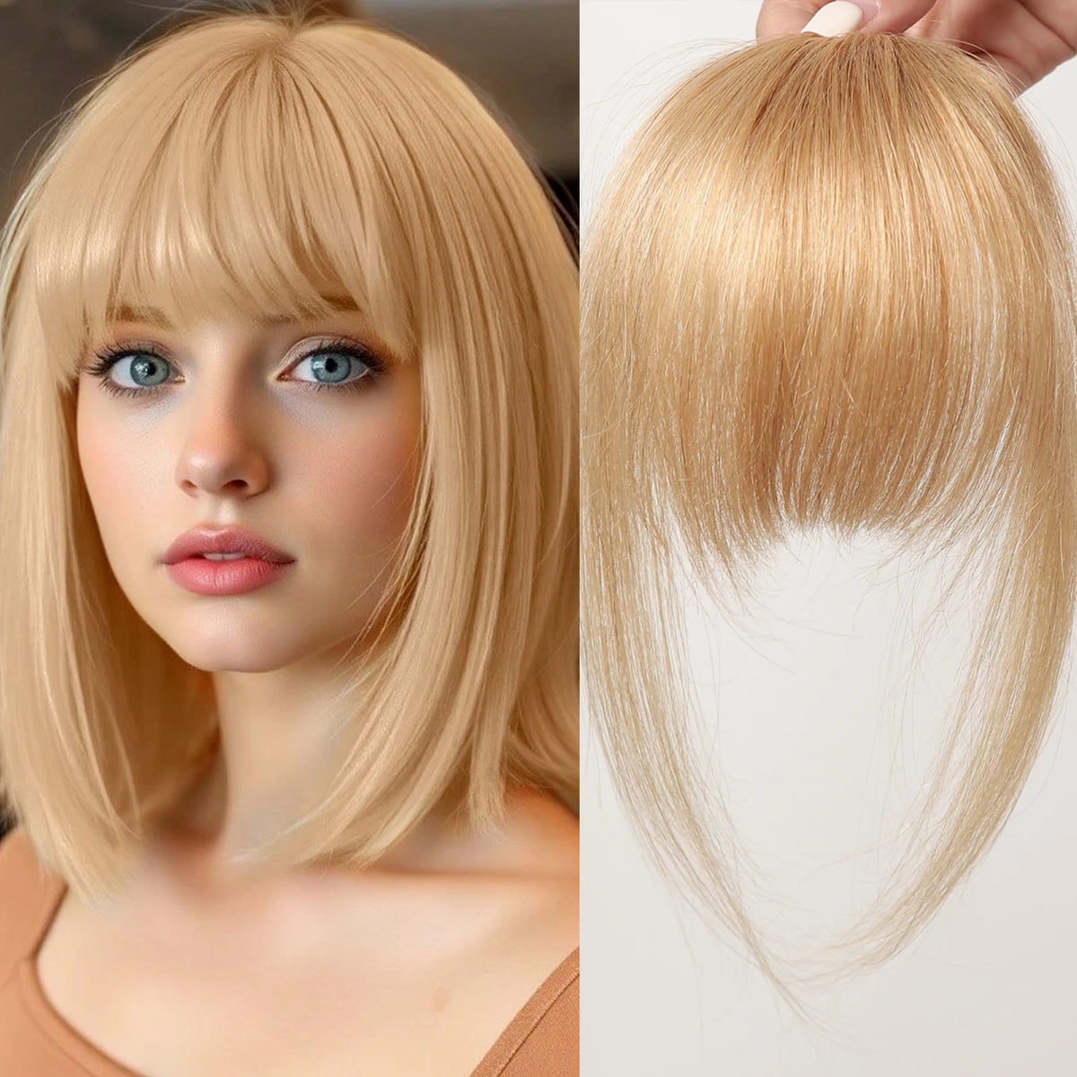 100% Human Hair Bangs Blonde Brown Wispy Bang Hair Clip in Bangs Fringe with Temples Hairpiece for Women Clip on Air Bang 4.5in