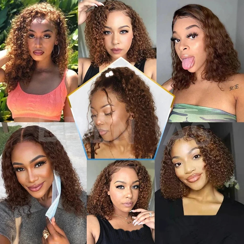 Short Bob Wig 13x4 Lace Front Wig Chocolate Dark Brown 100% Human Hair Deep Curly Wave Bob Wig HD Lace Wig 200 Density For Women