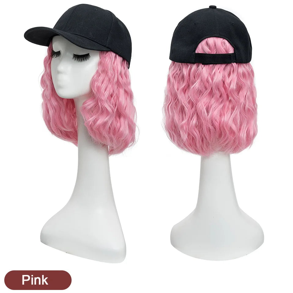 Benehair Hat Wig for Women 8 Inches Wave Baseball Cap Wig with Curly Hair Extensions Wig Synthetic Wave Wig Hat Adjustable Brown