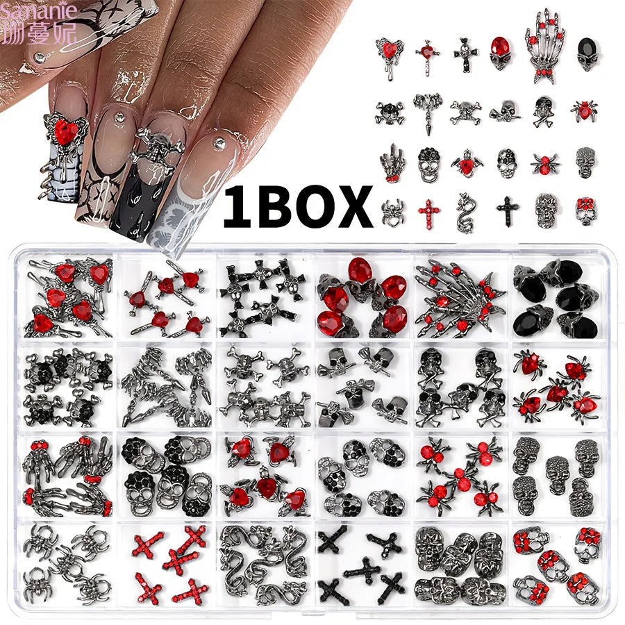 12 Grids Gothic Nail Charms Skull Cross Snake 3D Metal Nail Ornaments with Red Rhinestones Halloween Dark Style Nail Art Decor for Salon Home DIY Manicure
