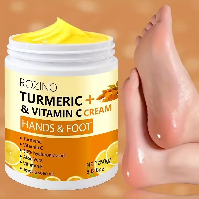 ROZINO Turmeric Vitamin Hand and Foot Cream has a fine and soft texture, and is refreshing and non-sticky when applied. Infused with turmeric and a variety of vitamin nourishing ingredients, it gently repairs fragile skin on