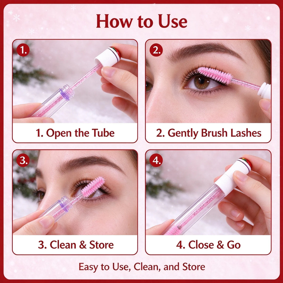 10Pcs Christmas Eyelash Brush with Tube Reusable Glitter Mascara Wand Spoolies for Lash Extension Eyebrow Xmas Stocking Stuffers