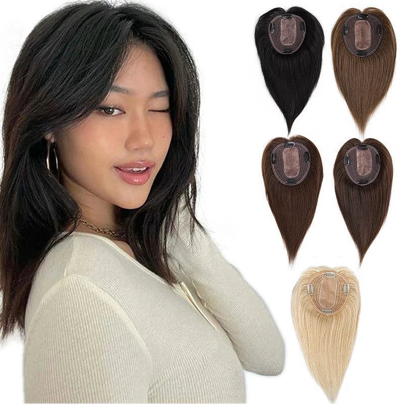 10 Inch 100% Human Hair 13X12cm Hairnet Clip in Hair Topper Extension with Bangs Top Wig Piece for Women Daily Life