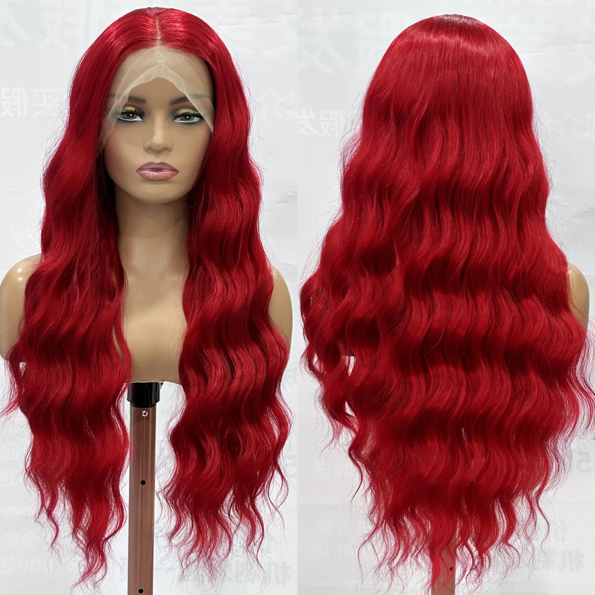 Dark Red Wig Natural Curly Long Wavy Synthetic Middle Part Loose Deep Wave 13X4 Lace Front Wigs for Women Daily Party Cosplay