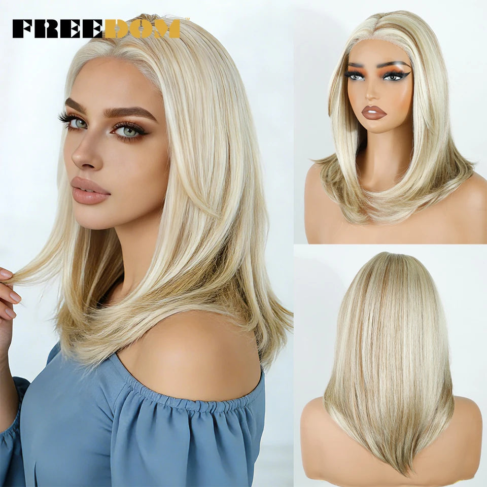 FREEDOM Synthetic Lace Front Wigs For Women Straight Bob Layered Wigs 13X3 Pre Plucked 16" Ombre Blonde Highlight Daily Use Wig