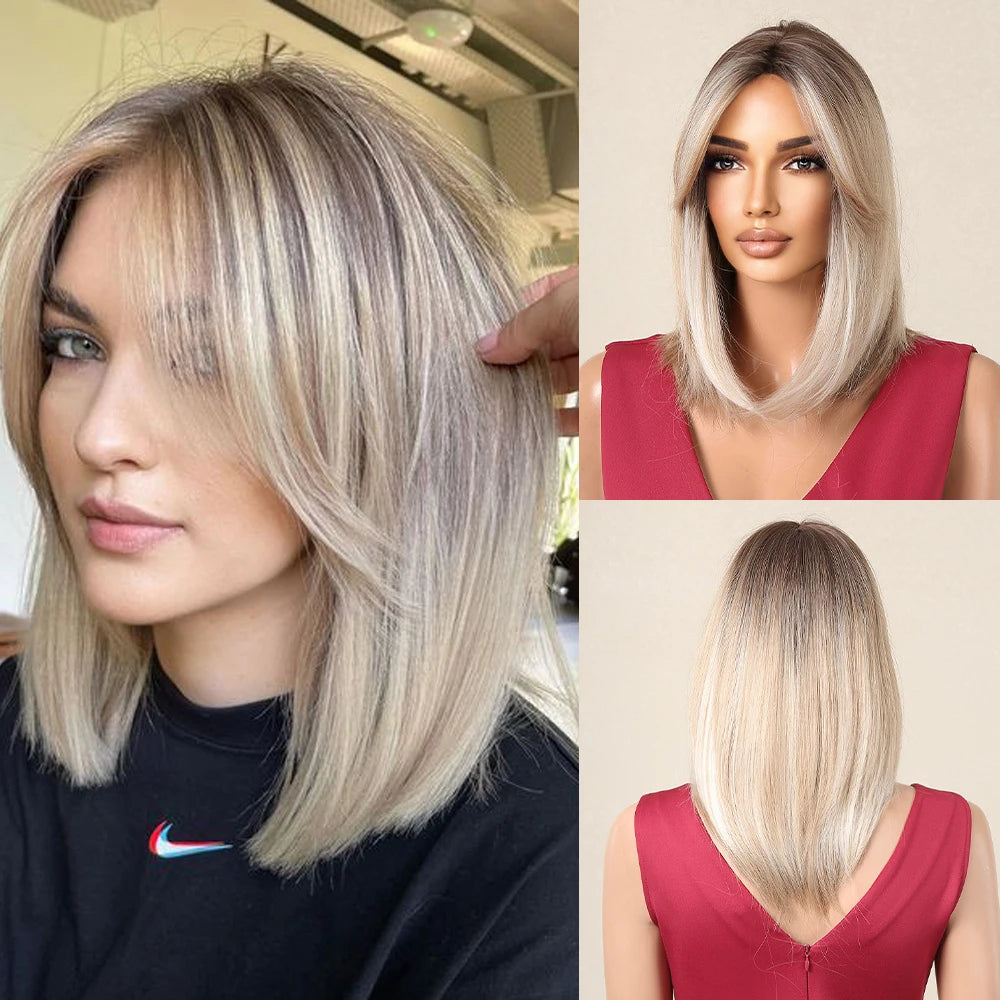 Short Layered Synthetic Wig Ombre Brown Medium Length Straight Natural Looking Hair Wig with Bangs Heat Resistant for Women Afro