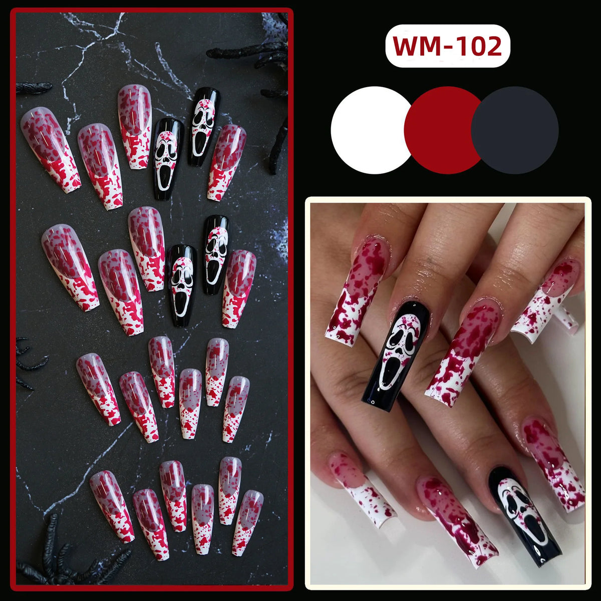 24pcs Halloween False Nails Ghost Witch Pumpkin Print Fake Nails Tips Wearable Detachable European Long Ballet Press on Nails