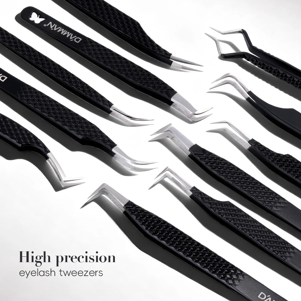 DAMMAN 3PCS Lash Tweezers Set Fiber Tip Tweezers for Eyelash Extension High Precision Eyelash Tweezers with Leather Case